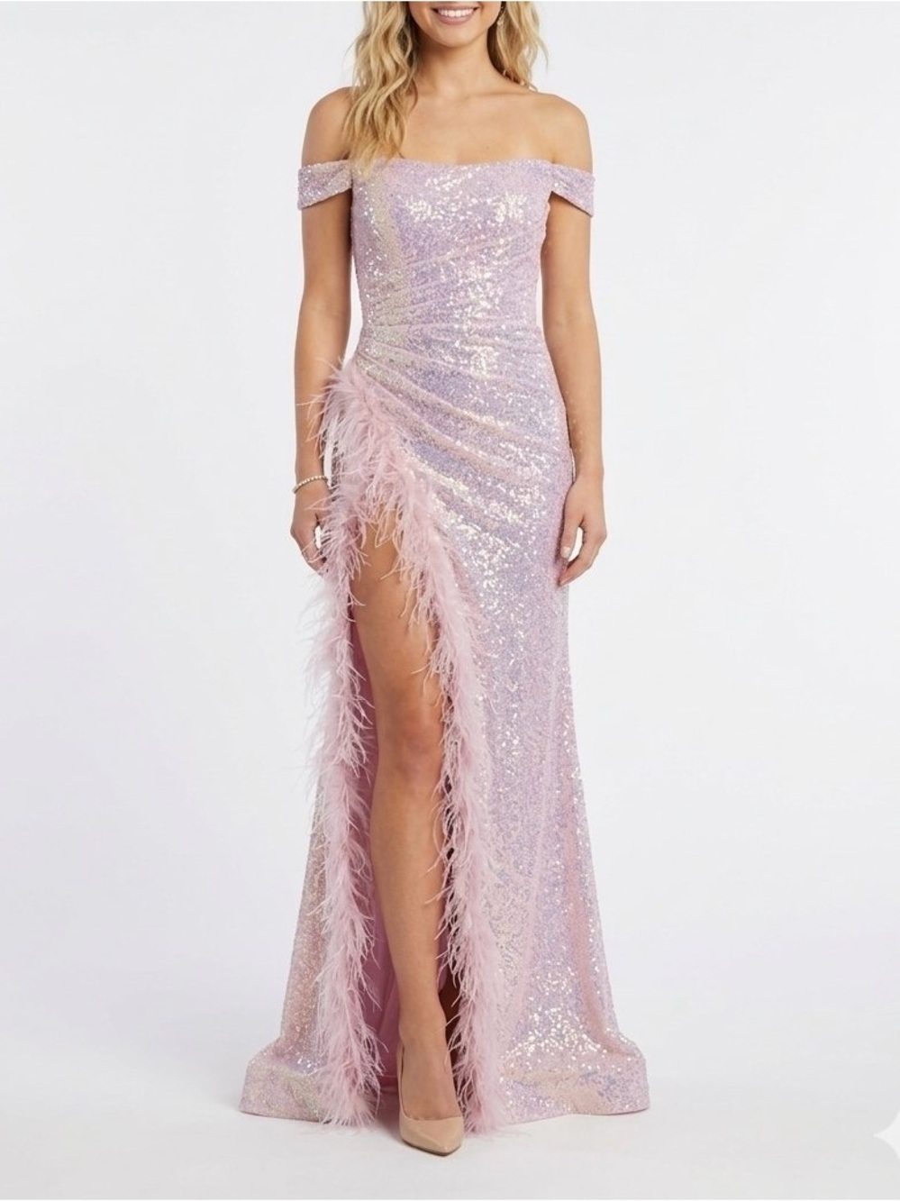 NWT Vienna Prom Iridescent Pink Sequin Feather High Slit Gown Size 00